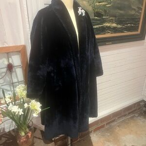 Elegant Navy Blue Faux Fur Coat Size Large Borgana Mouton